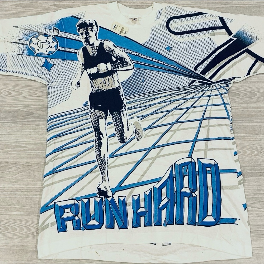 Vintage 1992 Running “Run Hard” AOP Shirt Fruit of the Loom White Size XL